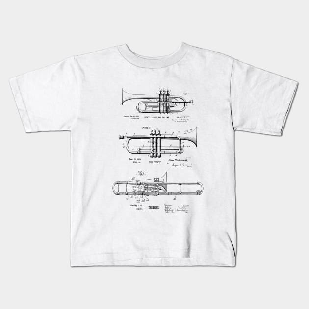 Jazz Trumpet, Cornet, Trombone Vintage Blueprints Kids T-Shirt by MadebyDesign